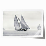 Rolled print of a sailboat on calm waters in muted blue tones, suitable as art wall for dining rooms.