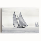 Black and white image of a sailboat on stretched canvas, ideal for kitchen wall art.
