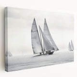 Sailboat on calm waters print on stretched canvas, with soft blue and white hues, ideal for kitchen wall art.