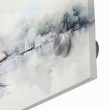 Large abstract sailboat print in muted blue and gray on acrylic glass.