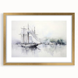 Abstract textured art print of a sailboat, using cool blue and white hues on a gold-framed canvas, ideal for bedroom art.