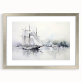 Abstract art print of a sailboat in muted blue and white hues on a framed silver mat, ideal for dining room decor.