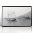Large abstract wall art of a sailboat in muted blue and gray, framed acrylic print, ideal for modern office decor.