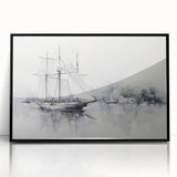 Large abstract wall art of a sailboat in muted blue and gray, framed acrylic print, ideal for modern office decor.