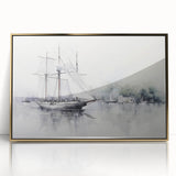 Mid-century modernist art of a sailboat, in muted blue and white tones, acrylic print, ideal for nursery wall decor.