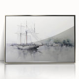 Art deco poster featuring a sleek sailboat design in silver and blue tones on a framed acrylic.