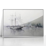 Mid-century modernist sailboat print in muted blue tones on a framed acrylic, ideal for nursery wall art.