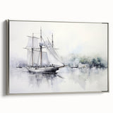 Vintage poster art of a colorful sailboat on a black background, framed canvas, ideal for living room decor.