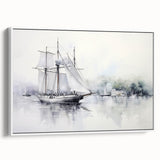 Framed canvas wall art featuring a vintage sailboat in a black and white landscape, ideal for bedroom decor.