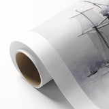 Art deco style sailboat poster in muted blue and cream tones on a rolled canvas, ideal for nursery wall art.