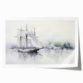 Extra large rolled print of a sailboat on serene waters, in muted blue and white tones, ideal for dining room wall art.