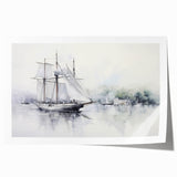 Extra large rolled print of a sailboat on serene waters, in muted blue and white tones, ideal for dining room wall art.