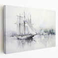 Sailboat on calm waters in muted blue and gray tones, stretched canvas, suitable for kitchen wall art.
