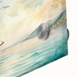 Large abstract sailboat print in vibrant blue and white tones on acrylic glass, ideal for dining room art.