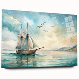 Large abstract wall art of a sailboat in muted blue and white tones on acrylic glass.