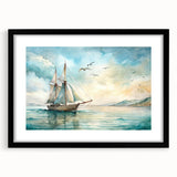Extra large abstract art print of a colorful sailboat, textured, in a black frame with mat, ideal for living room decor.