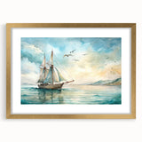 Abstract textured art print of a sailboat in muted blue and white tones on a framed canvas, ideal for bedroom wall decor.