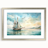 Abstract art print of a stylized sailboat in cool blue tones on a silver framed canvas, suitable for dining room decor.