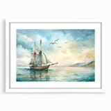 Extra large abstract art print of a textured sailboat in muted blue and white tones on framed canvas.