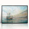 Large abstract wall art featuring a sailboat, rendered in muted blue and white tones on a black framed acrylic.