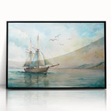 Large abstract wall art featuring a sailboat, rendered in muted blue and white tones on a black framed acrylic.