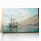 Mid-century modernist art of a sailboat, in muted blue and white tones on a framed acrylic, ideal for nursery wall art.