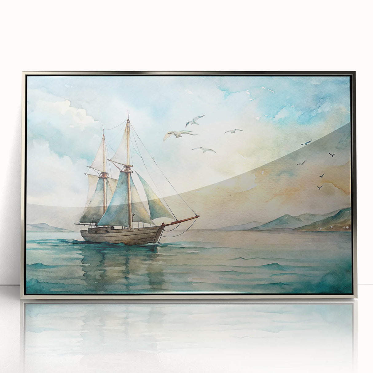 Art deco poster of a sailboat in muted blue tones on silver-framed acrylic, suitable for modern nursery wall art.