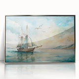 Art deco poster of a sailboat in muted blue tones on silver-framed acrylic, suitable for modern nursery wall art.