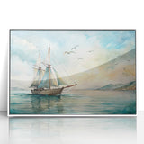 Mid-century modernist style sailboat depicted in muted blue tones on a white acrylic framed print.