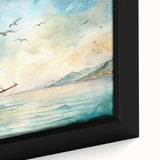 Extra large framed canvas featuring a black sailboat on a textured, colorful abstract background.