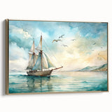 Framed canvas featuring a vintage-style sailboat on a colorful sea, ideal for enhancing a nautical-themed room decor.