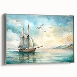 Vintage poster art of a sailboat on a silver-framed canvas, featuring a black and colorful palette.