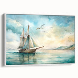 Framed canvas featuring a vintage sailboat on a black background, ideal for bedroom wall art.