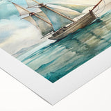 Art deco poster of a sailboat in muted blue tones on rolled canvas, suitable for dining room or bathroom wall art.