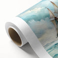 Art deco style poster of a sailboat on rolled canvas, featuring soft blue and white tones.