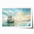 Sailboat on calm sea depicted in a minimalist style on a large rolled canvas, suitable for dining room wall art.