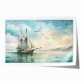 Sailboat on calm sea depicted in a minimalist style on a large rolled canvas, suitable for dining room wall art.