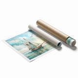 Extra large wall art featuring a sailboat, rendered in muted blue and white tones on rolled canvas.
