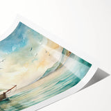 Extra large wall art featuring a sailboat with pastel blue and white tones on a rolled canvas.