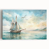 Sailboat on calm waters in black and white, large stretched canvas, suited for kitchen wall art.