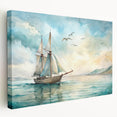 Sailboat on a calm sea depicted in muted blue tones on a large stretched canvas, suitable for kitchen wall art.