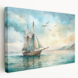 Sailboat on a calm sea depicted in muted blue tones on a large stretched canvas, suitable for kitchen wall art.