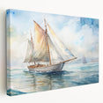 Sailboat on calm waters in muted blue and white hues, printed on stretched canvas, suitable for kitchen wall art.