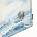 Large abstract wall art featuring a mid-century modernist sailboat design in muted oceanic tones on acrylic glass.