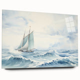 Acrylic print of a large abstract sailboat in shades of blue and white, ideal for bedroom or dining room art.