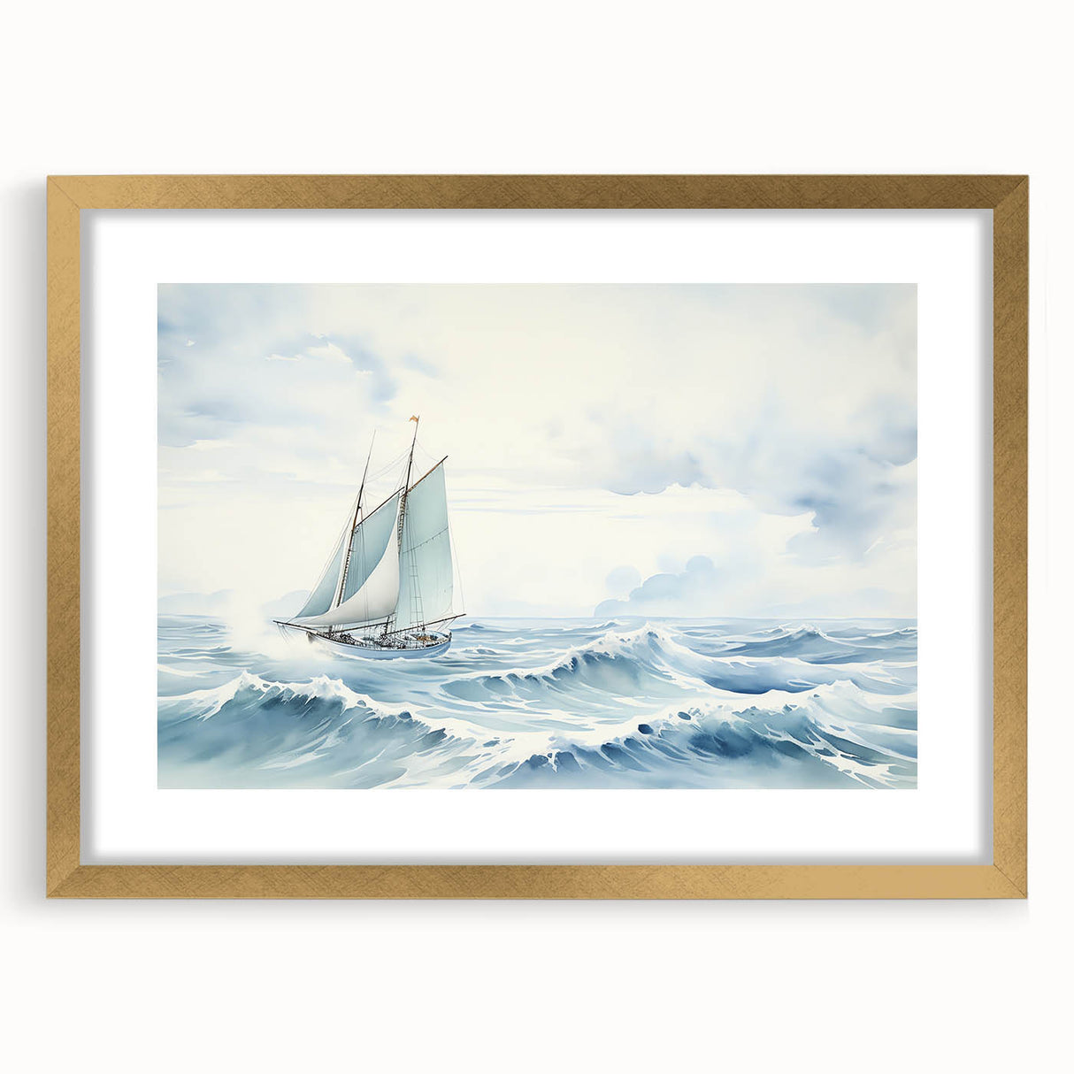 Textured art print of an abstract sailboat in soft blue and gray, framed in gold, suitable for bedroom art.