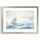 Abstract art print of a stylized sailboat in muted blue and white tones on a silver-framed canvas.