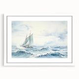 Abstract sailboat print in textured white and blue shades on a large canvas, ideal for living room decor.
