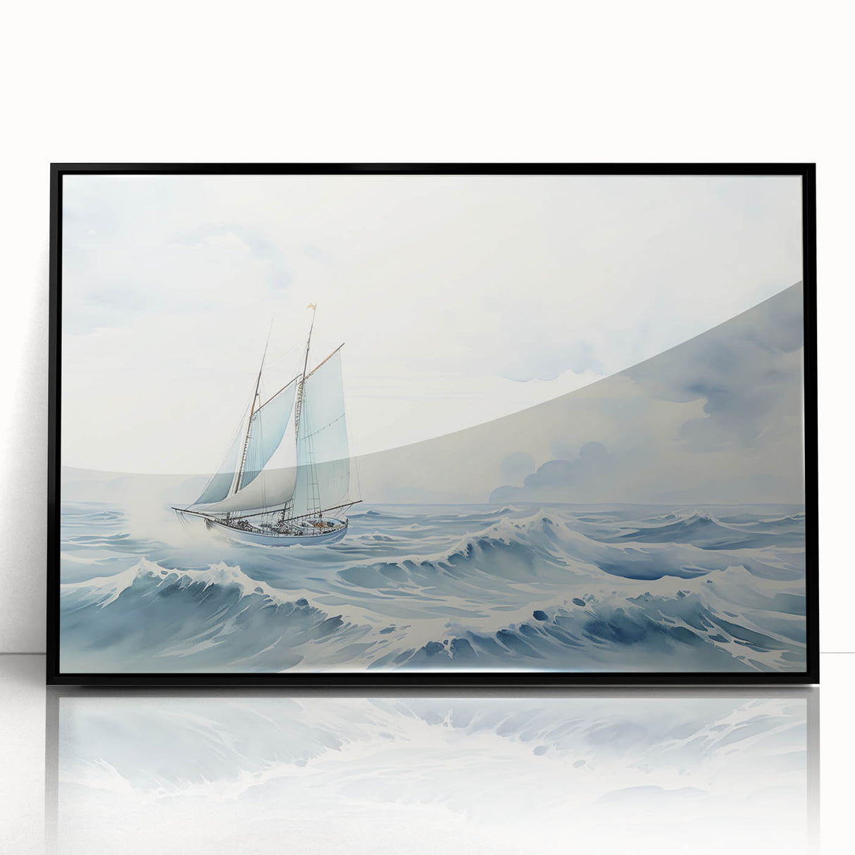 Large abstract wall art of a sailboat in black and white, framed acrylic, ideal for modern living room decor.