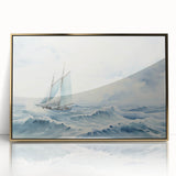 Mid-century modernist art of a sailboat in muted blues and whites on a framed acrylic, ideal for nursery wall art.